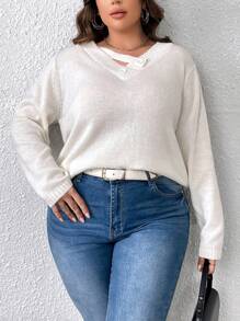 SHEIN Unity 加扣细节V领针织套头衫秋冬毛衣 - 杏色 - 查看 3