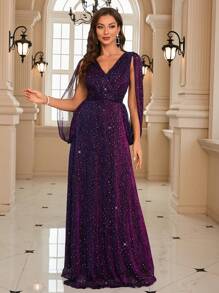 Split Sleeve Sequin Prom Dress - Purple - View 6