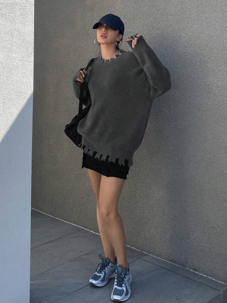 Drop Shoulder Distressed Trim Ribbed Knit Sweater Fall