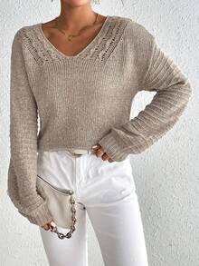 SHEIN Frenchy Solid Drop Shoulder Cable Knit V Neck Sweater - Apricot - View 3