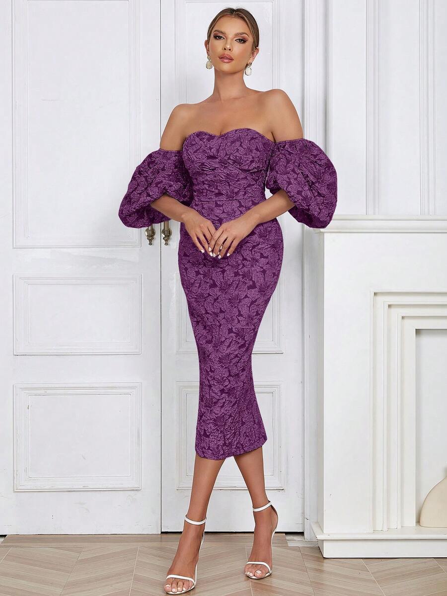 Off Shoulder Lantern Sleeve Split Back Bodycon Dress - Purple - View 1