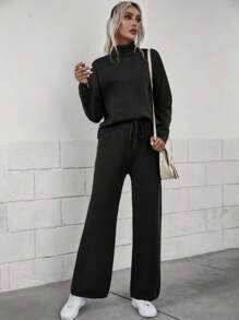 EMERY ROSE Turtleneck Drop Shoulder Sweater & Knit Pants - Black - View 5