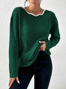 SHEIN Frenchy 拼接邊後綁帶蝴蝶結落肩袖套頭毛衣 - 墨綠色 - 查看 4