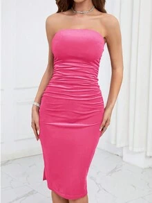 SHEIN Privé Ruched Velvet Tube Bodycon Dress - Hot Pink - View 4
