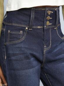 青少女高腰前鈕牛仔褲 - 深色水洗藍 - 查看 3