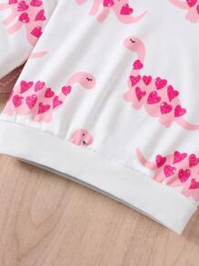 女嬰可愛恐龍玫瑰紅色運動衫，具有閃亮心形印花，秋冬季節 - 玫瑰紅 - 查看 3