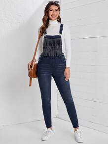 SHEIN LUNE Fringe Trim Denim Overalls Without Tee - Black - View 3