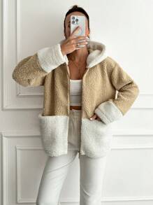 SHEIN Cottnline Two Tone Hooded Teddy Coat - Apricot - View 1