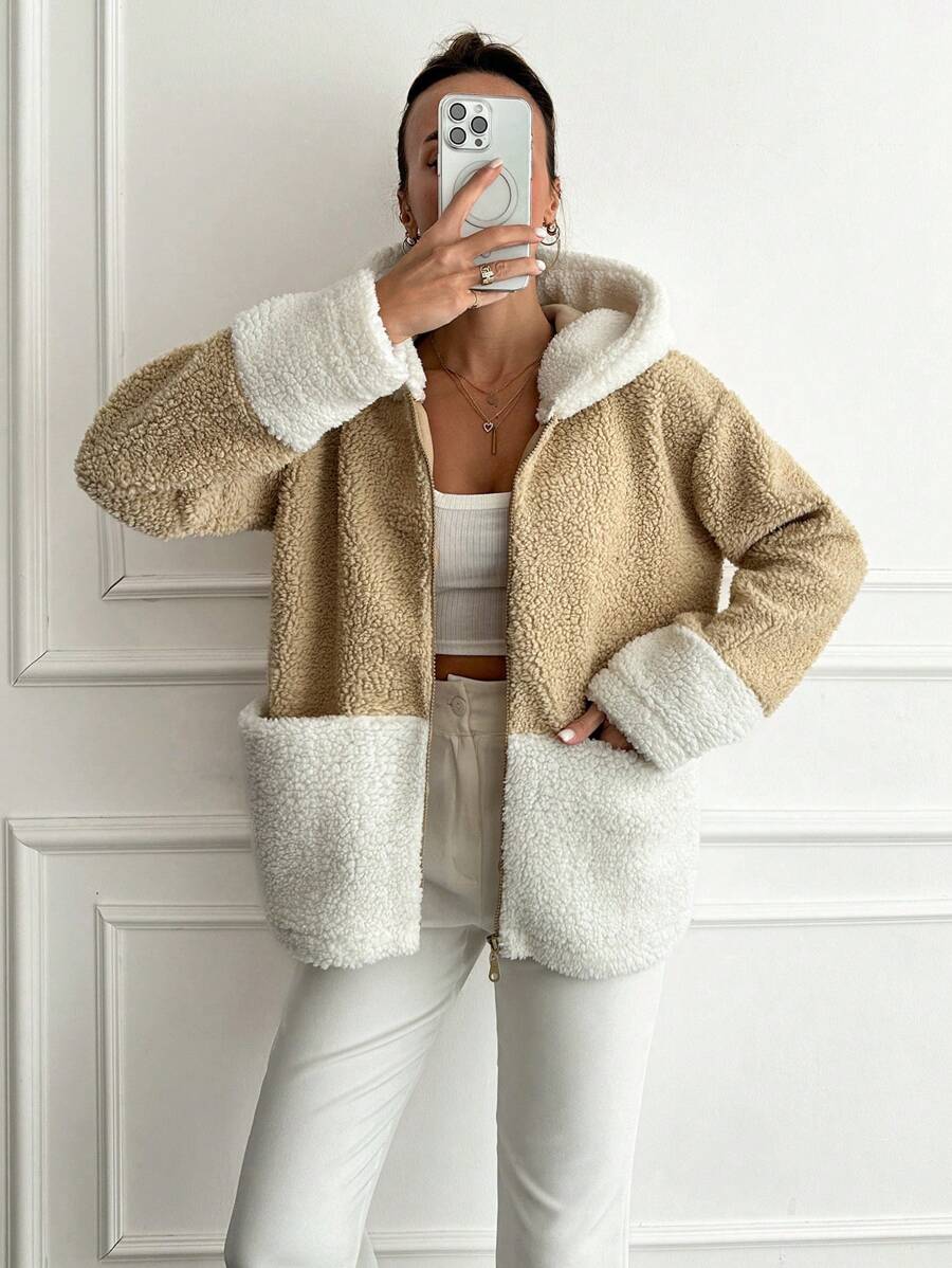 SHEIN Cottnline Two Tone Hooded Teddy Coat - Apricot - View 1