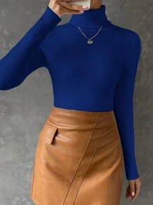 EURMUSE Jersey de cuello alto ajustado de unicolor casual, otoño/invierno - azul real - Ver 5