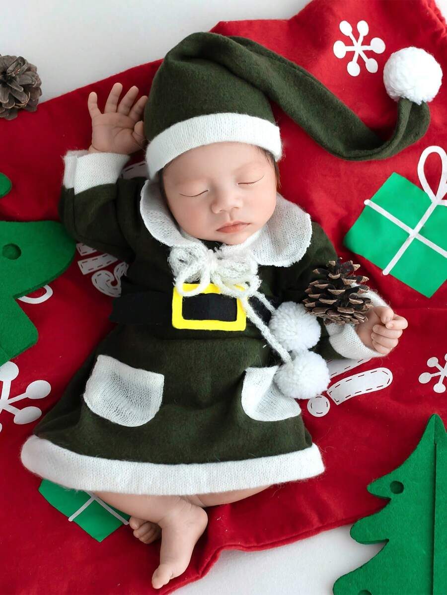 Baby Girl Grafik Muster, Kontrastsaum, Strick Jumpsuit mit & Hut Foto Outfit