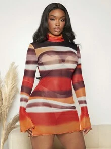 Slaydiva Colorblock Mock Neck Flounce Sleeve Lettuce Trim Mesh Bodycon Dress - Multicolor - View 1