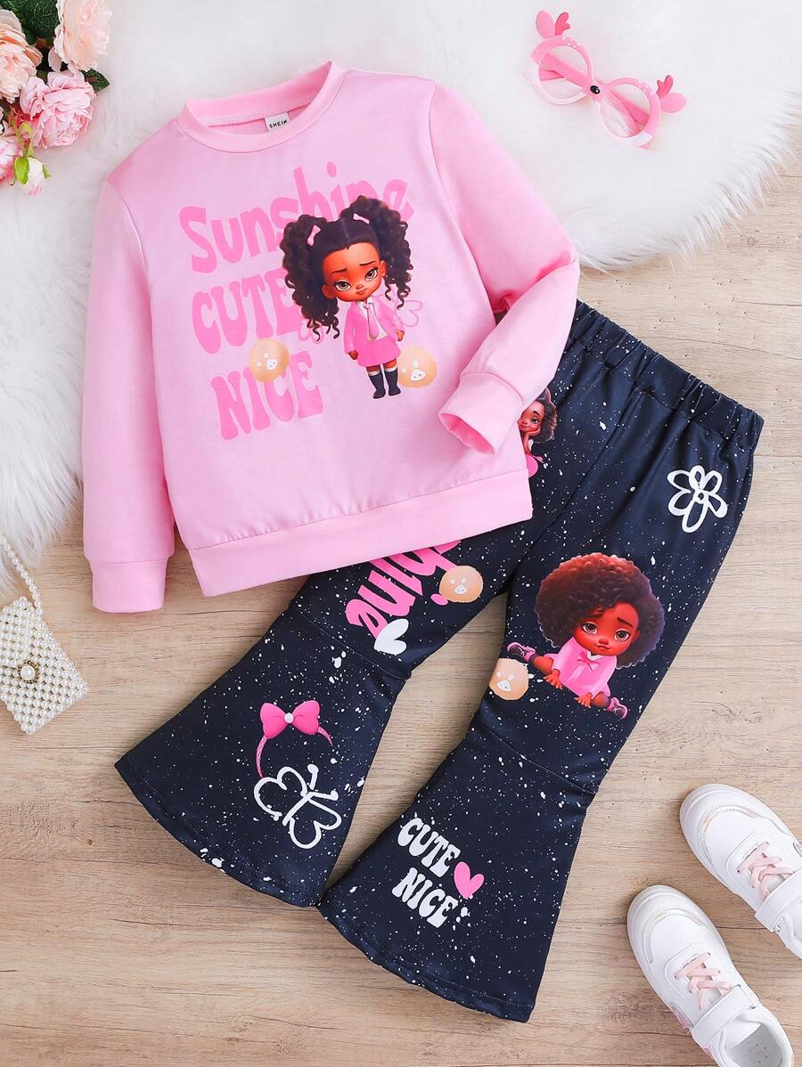 SHEIN 女小童字母人物圖案套頭衫&喇叭褲 - 粉色 - 查看 1