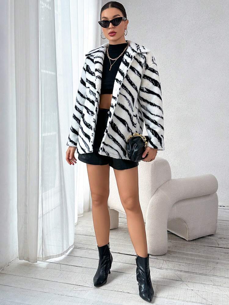 Zebra Striped Print Drop Shoulder Teddy Coat