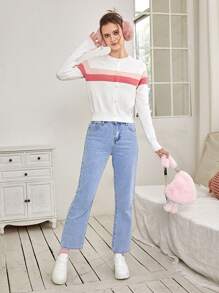 SHEIN EZwear Striped Pattern Raglan Sleeve Cardigan - White - View 6