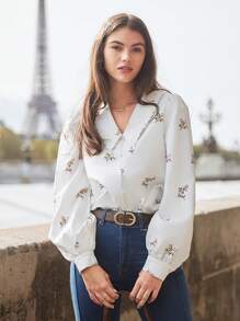 SHEIN Frenchy 印花燈籠袖襯衫