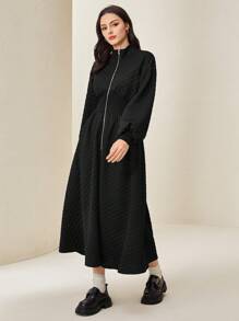 Mulvari Chất rắn Tay áo lồng đèn Dây kéo Đầm - màu đen - Xem 5