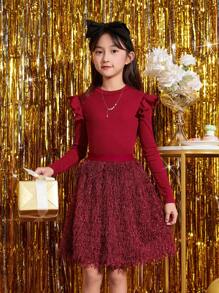 SHEIN 女大童荷葉邊T恤和毛茸茸半身裙 - 紅色 - 查看 3