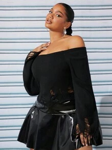 SHEIN SXY 大碼一字肩仿舊下擺荷葉袖套頭毛衣 - 黑色 - 查看 3