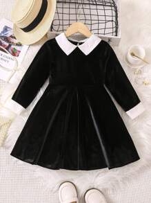 SHEIN Young Girl Contrast Collar Keyhole Back Dress - Black - View 1