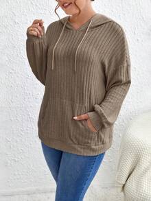 SHEIN Frenchy Áo nỉ cỡ lớn có túi kangaroo, vai rớt, dây rút. - màu nâu - Xem 6