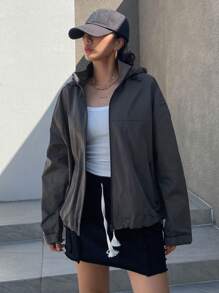 Dazy Star Của phụ nữ Thả vai Khóa kéo UP áo có mũ Áo khoác - Màu xám đen - Xem 1