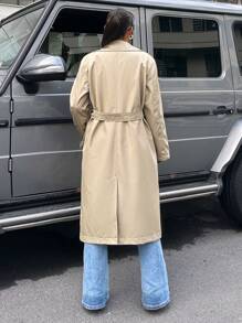 EURMUSE Two Tone Flap Pocket Belted Trench Coat - Beige - View 2