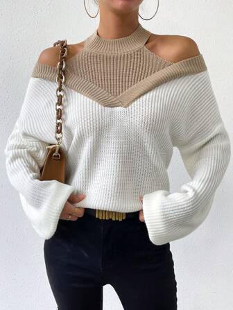 Rafferiza Two Tone Cold Shoulder Ribbed Knit Sweater,Long Sleeve Tops Knit Pullover Fall Winter Outfit