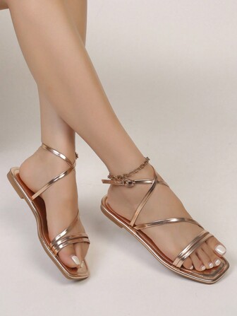 Women's Fashionable And Comfortable Cross Design Sandals, Square Toe, Open Toe, Buckle Strap Ankle Strap, Flat Sandals For Spring/summer