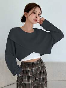 DAZY 1 Miếng Chất rắn Áo choàng mặt trước Áo phông Crop - Xám - Xem 7