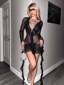 SHEIN ICON Lace Up Front Ruffle Hem Mesh Dress - Black - View 2