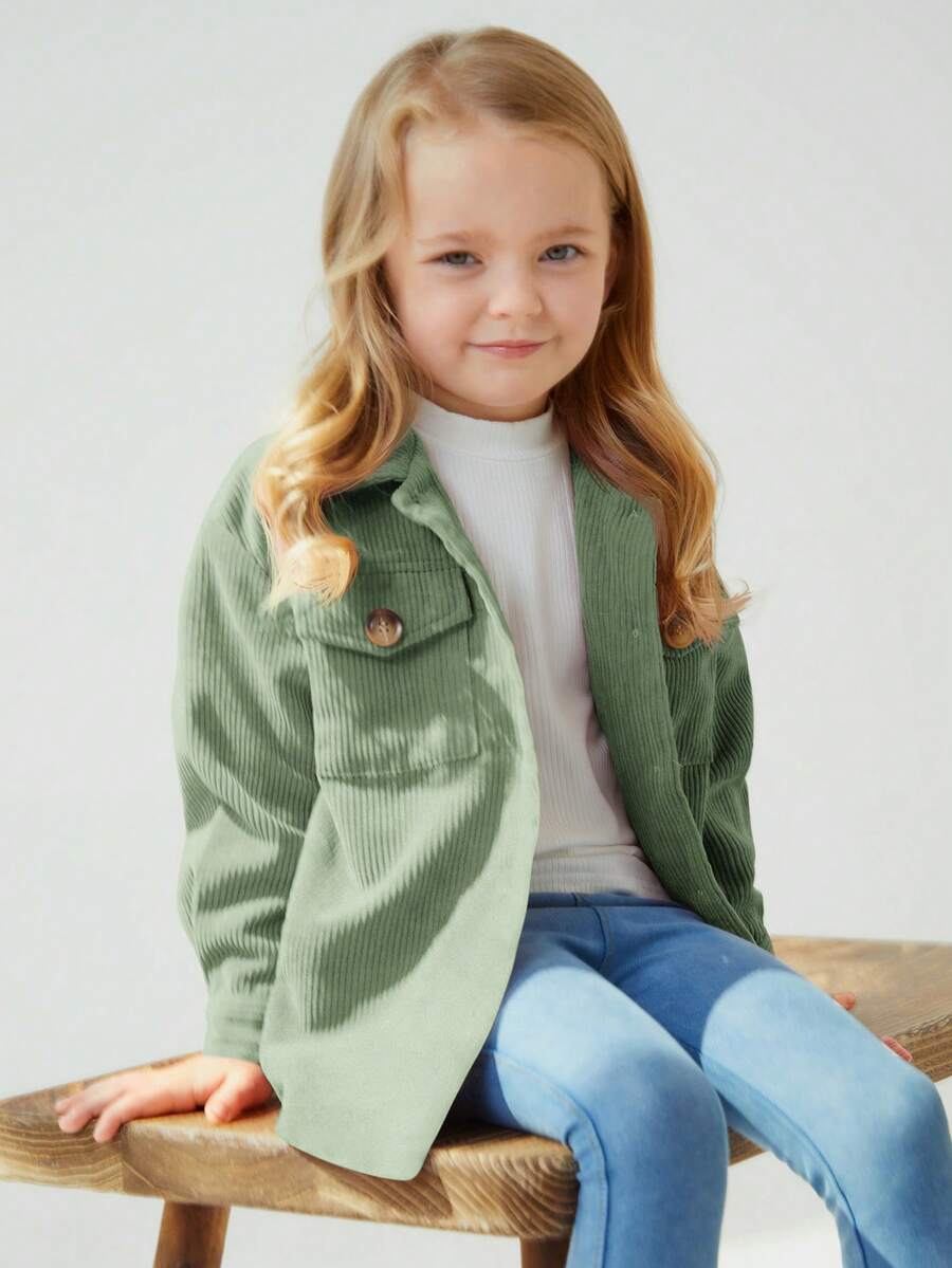 SHEIN 女小童翻蓋口袋燈芯絨大衣 - 綠色 - 查看 1