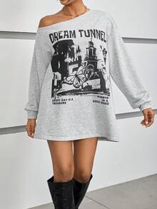 SHEIN Essnce Building & Slogan Graphic Asymmetrical Neck Drop Shoulder Sweatshirt Dress - Light Grey - View 3