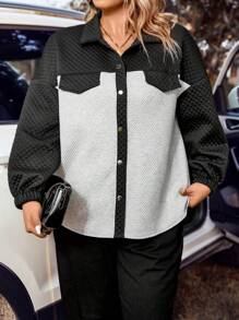 EMERY ROSE 大碼雙色落肩袖翻蓋細節外套 - 灰色 - 查看 4