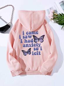 SHEIN EZwear Butterfly & Slogan Graphic Drawstring Thermal Lined Hoodie - Pink - View 1