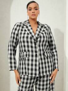 SHEIN SXY 大碼格紋印花西裝領西裝外套 - 黑與白 - 查看 1