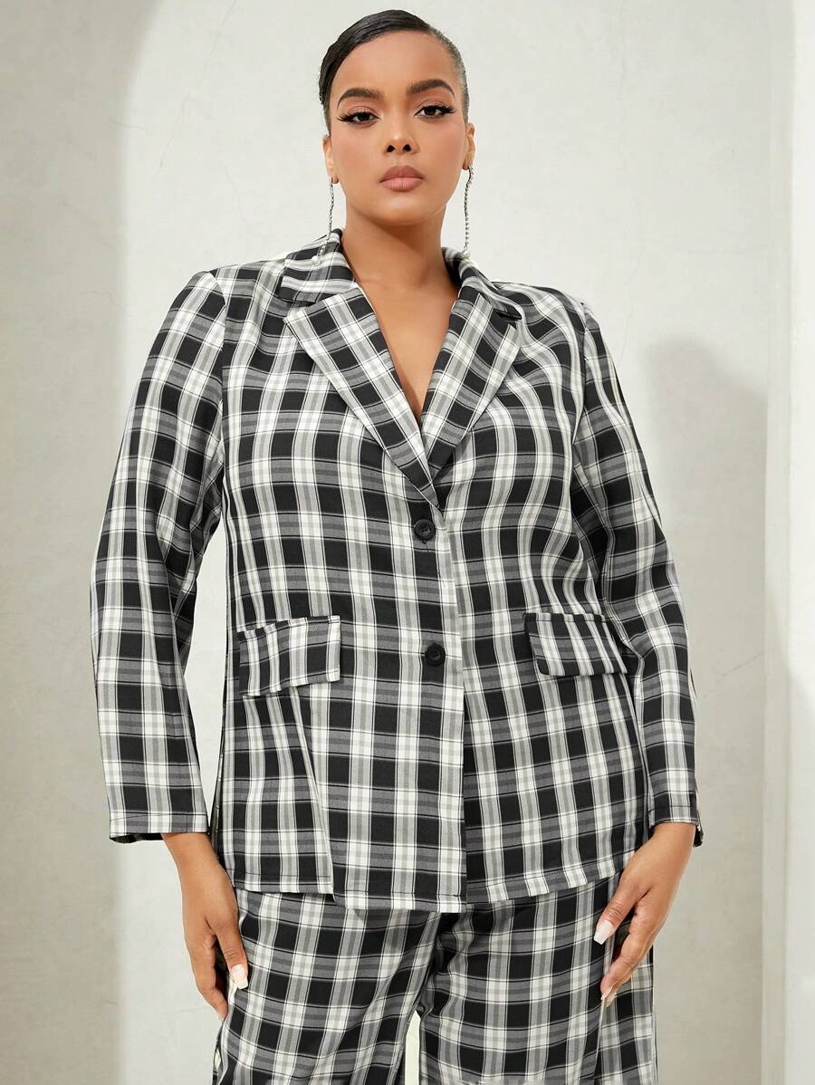 SHEIN SXY 大碼格紋印花西裝領西裝外套 - 黑與白 - 查看 1