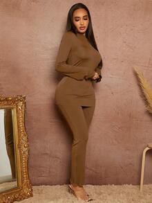 SHEIN SXY 條紋針織素色T恤和褲子 - 棕色 - 查看 6