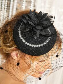 SHEIN Belle 1 Miếng Trân châu & Lông vũ & Lưới Thanh lịch Cao quý Tối Tiệc cốc tai Quyến rũ Mũ - màu đen - Xem 3
