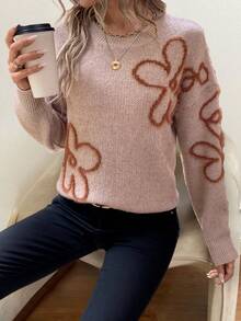 SHEIN Unity Mô hình hoa Thả vai Áo len - Màu be - Xem 6