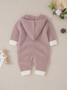 Baby Girl Waffle Knit Raglan Sleeve Hooded Jumpsuit - Pink - View 2