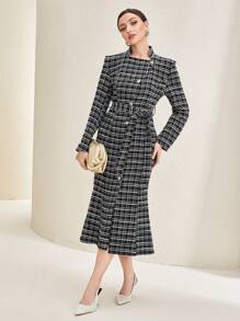 Modelyn Plaid Pattern Belted Tweed Dress - Multicolor - View 5
