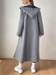 SHEIN EZwear 翻蓋口袋前紐扣連帽花呢外套 - 灰色 - 查看 2