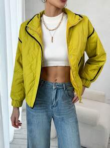 SHEIN Essnce Contrast Binding Drop Shoulder Quilted Coat - Olive Green - View 1