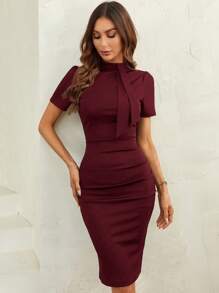 SHEIN Clasi Tie Neck Split Back Bodycon Dress - Burgundy - View 6