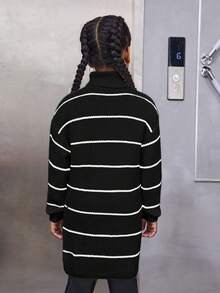 SHEIN 學院風中學女生高領條紋毛衣，採用拉鍊設計 - 黑與白 - 查看 2