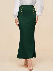 Modelyn Button Detail Mermaid Hem Skirt - Dark Green - View 1