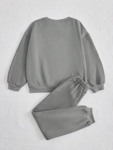 SHEIN Cô gái Tween Đồ họa Chữ cái Lót nhiệt Áo len & Quần nỉ - Màu Xám nhạt - Xem 2