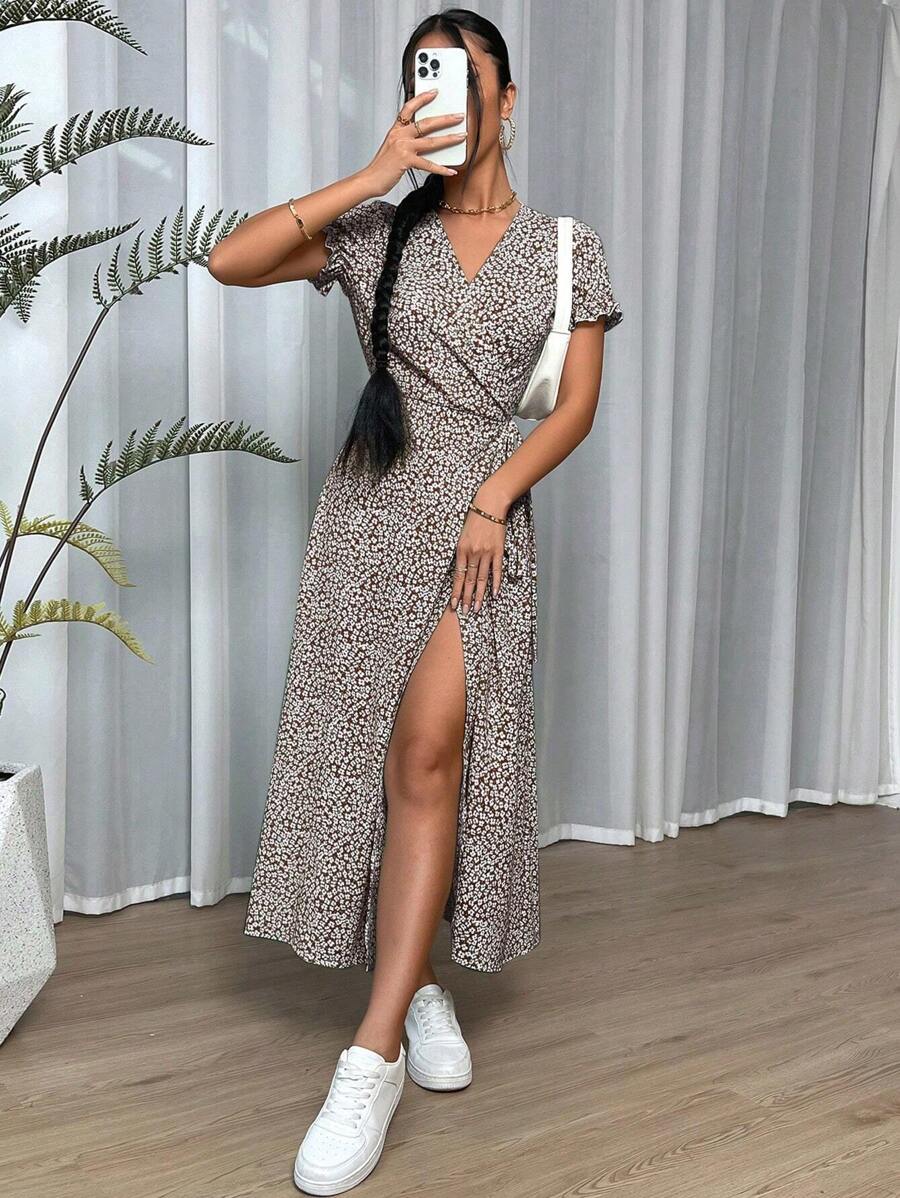 SHEIN VCAY Ditsy Floral Print Knot Side Wrap Dress - Coffee Brown - View 1