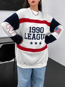 Flirla Talla grande Sudadera con estampado de letra de color combinado de hombros caídos